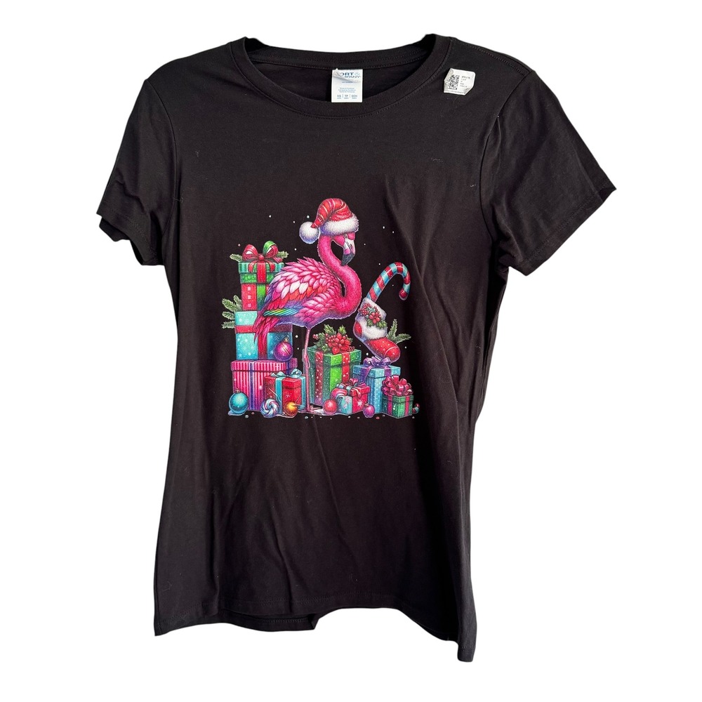 Port & Company Christmas Flamingo Graphic Tee Black XS Ring Spun Cotton T-Shirt